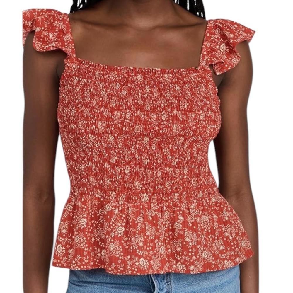 Madewell Lucie Floral Sleeveless Smocked Peplum Tank Top Fresh Chili NEW 20W